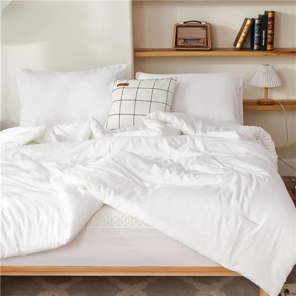 White Comforter Queen Size 3 Pieces Boho Lightweight Solid Bedding Set